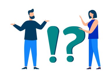 Sık sık sorulan soru ünlem işaretlerinin ve soru işaretlerinin kavramsal illüstrasyonu, mecazın yanıtı.