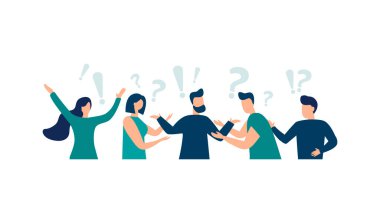 Fikir arayışı, problem çözme, web projeleri ve uygulamalarla iletişim kuran insanların vektör illüstrasyonu. Takım çalışması, beyin fırtınası. Düz biçim izole arkaplan