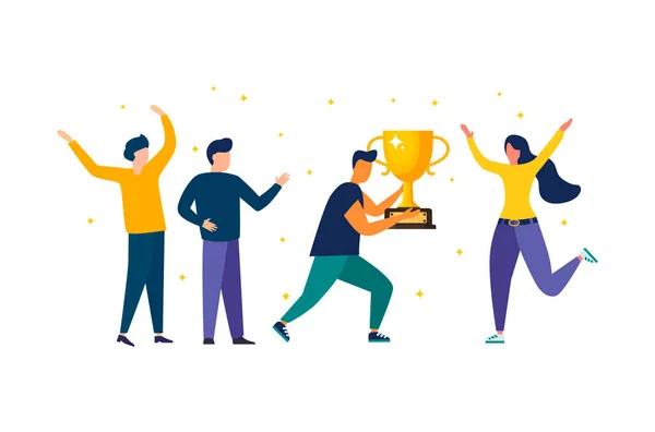 Vector illustration of people standing on the podium. The award ceremony, the prize for the best ball. The concept of teamwork. and achieving goals and rewards Business results — Stock Vector
