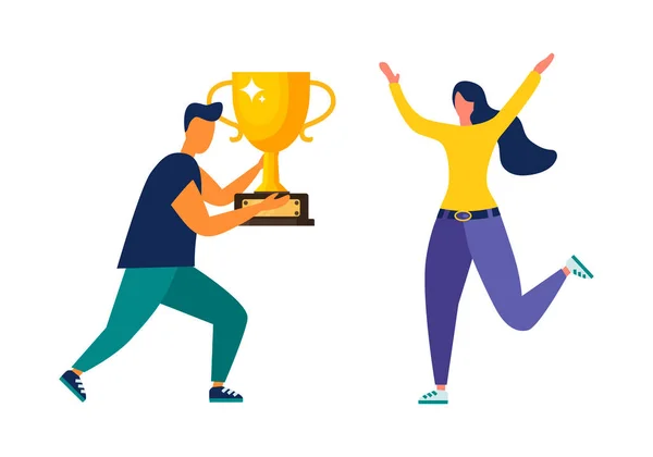 Vector illustratie van mensen die op het podium staan. De prijsuitreiking, de prijs voor het beste bal. Het concept van teamwork. en het bereiken van doelstellingen en beloningen Bedrijfsresultaten — Stockvector