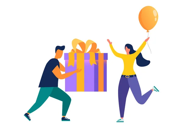 Concepto de recompensa online. Grupo joven de personas felices recibiendo bonos y cajas de regalo. Ilustración vectorial para programa de lealtad, promoción, marketing. Diseño moderno de estilo plano para landing page — Archivo Imágenes Vectoriales