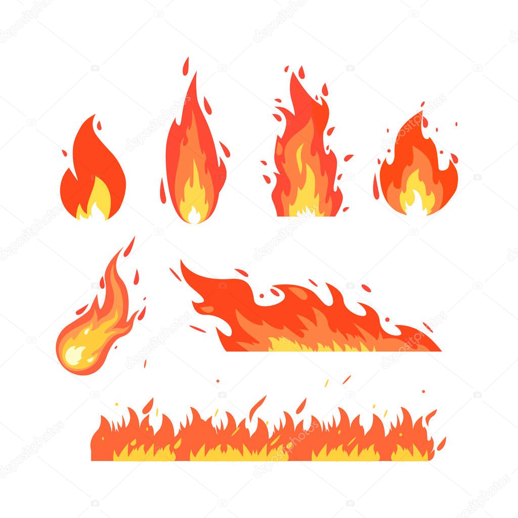 Fire Flame of various shapes. vector icons in cartoon style. isolated background
