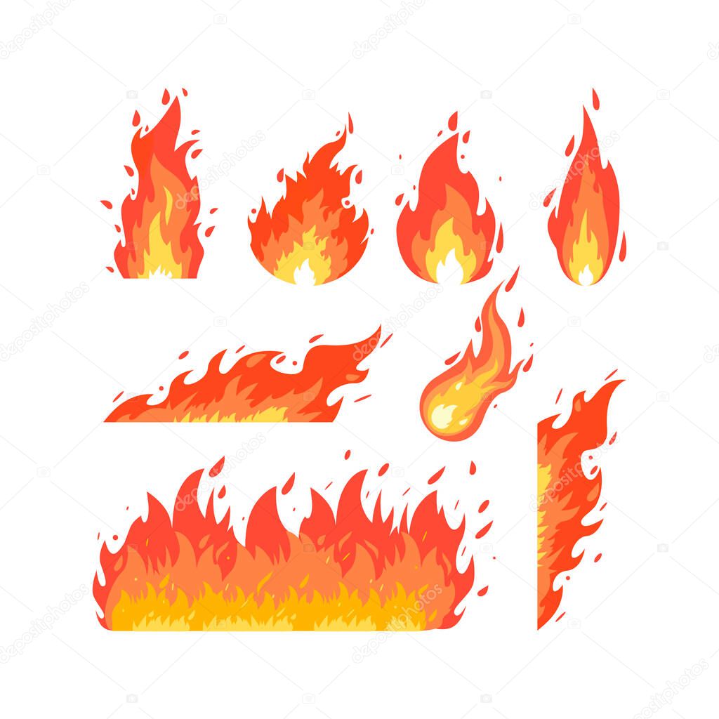 Fire Flame of various shapes. vector icons in cartoon style. isolated background