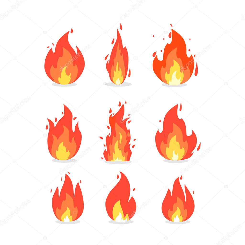 Fire Flame of various shapes. vector icons in cartoon style. isolated background