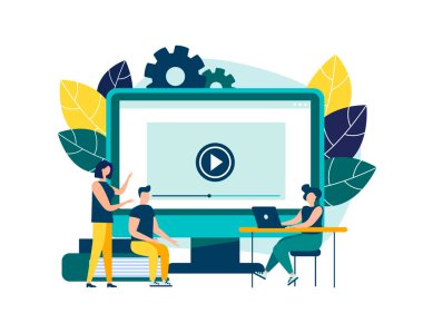 Eğitici Webinar. Dijital seyirci, online sınıf. Kişisel öğretmenle modern eğitim kavramı. İniş sayfası şablonu için vektör illüstrasyonu