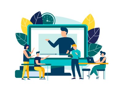 Eğitici Webinar. Dijital seyirci, online sınıf. Kişisel öğretmenle modern eğitim kavramı. İniş sayfası şablonu için vektör illüstrasyonu