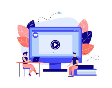 Eğitici Webinar. Dijital seyirci, online sınıf. Kişisel öğretmenle modern eğitim kavramı. İniş sayfası şablonu için vektör illüstrasyonu
