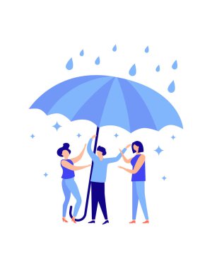 İnsanlar birbirini destekliyor, takım çalışması kavramı. İnsanlar şemsiye altında kendilerini yağmurdan korur. Vektör illüstrasyonu izole edildi