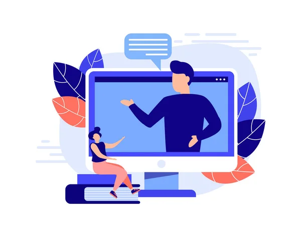 Eğitici Webinar. Dijital seyirci, online sınıf. Kişisel öğretmenle modern eğitim kavramı. İniş sayfası şablonu için vektör illüstrasyonu
