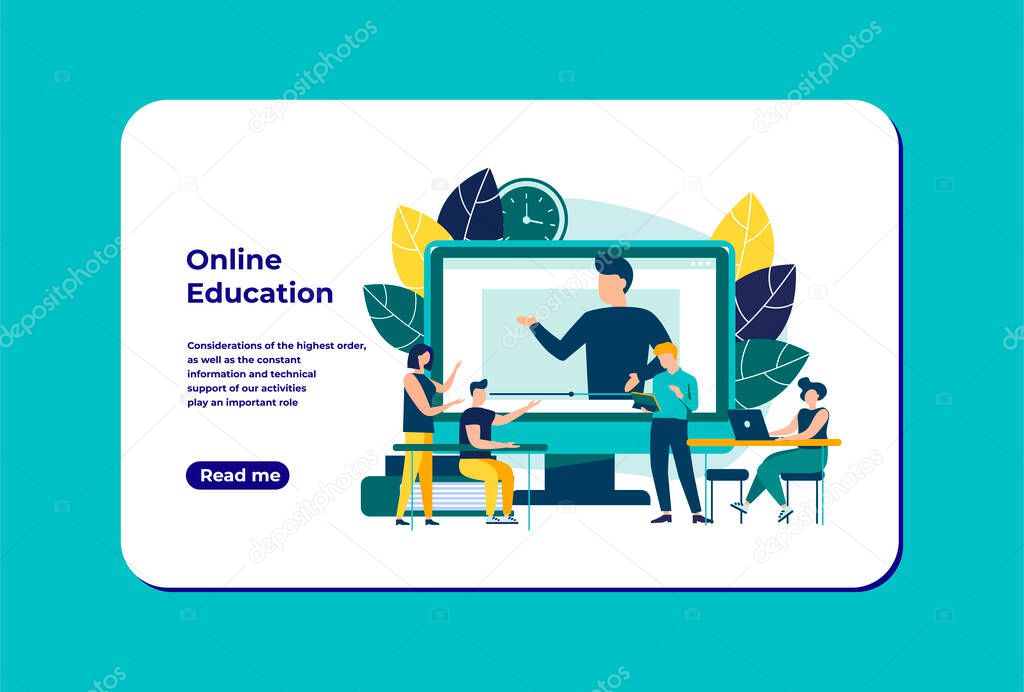 Educational webinar. Digital audience, Online class. The concept of modern education with a personal teacher. Vector illustration for landing page template