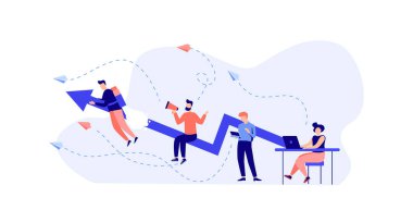 Bir grup insan bir fikir ileri sürdü. Bir iş projesine hazırlanıyorlar. Kariyerini başarıya yükseltmek. İniş sayfası için vektör illüstrasyonu