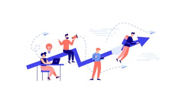 Bir grup insan bir fikir ileri sürdü. Bir iş projesine hazırlanıyorlar. Kariyerini başarıya yükseltmek. İniş sayfası için vektör illüstrasyonu