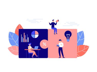 İş konsepti, takım çalışması metaforu, işbirliği, ortaklık. İnsanlar bir bulmaca oluşturuyor. Vektör düz biçim illüstrasyonu.