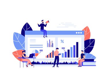 Finansal yönetim, istatistik ve iş raporu kavramı. İş illüstrasyonları, ofis çalışanları bilgi grafikleri, evrim ölçeği analizleri. İniş sayfası için vektör illüstrasyonu.