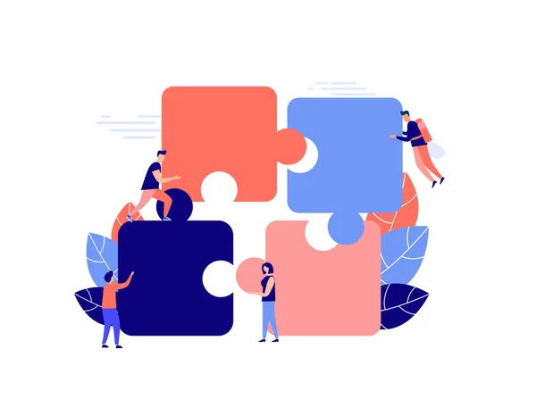 Business concept, metaphor of teamwork, cooperation, partnership. People put together a puzzle. Vector flat style illustration. — Stock Vector