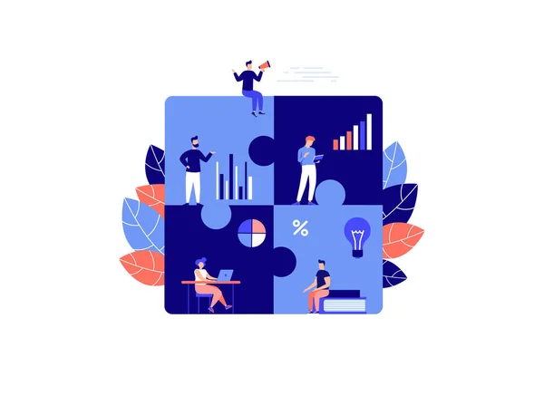 Bedrijfsconcept, metafoor van teamwork, samenwerking, partnerschap. Mensen stellen een puzzel samen. Vector platte stijl illustratie. — Stockvector