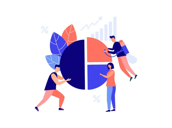 Concepto de gestión financiera, estadísticas e informe de negocios, gente montando infografías de rompecabezas. Ilustración vectorial para landing page. — Vector de stock