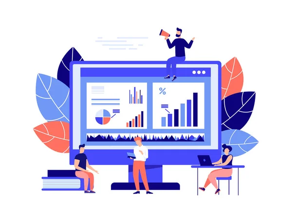 O conceito de gestão financeira, estatísticas e relatório de negócios. Ilustrações de negócios, trabalhadores de escritório estudam infográficos, análise de escala evolutiva. Ilustração vetorial para landing page. —  Vetores de Stock