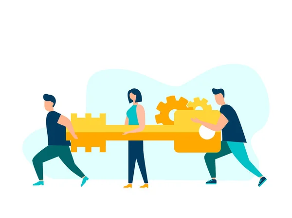 Concepten van teamwork. Zakenman en zakenvrouw gaan naar de deur met belangrijke ideeën. Vector illustratie voor web — Stockvector