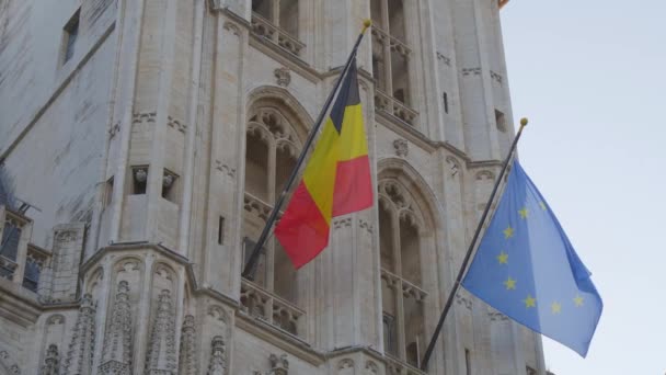 ブリュッセル市庁舎のEUとベルギーの旗 — ストック動画