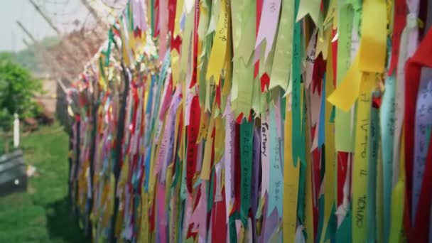 Peace linten fladderende in de wind in imjingak Peace Park — Stockvideo