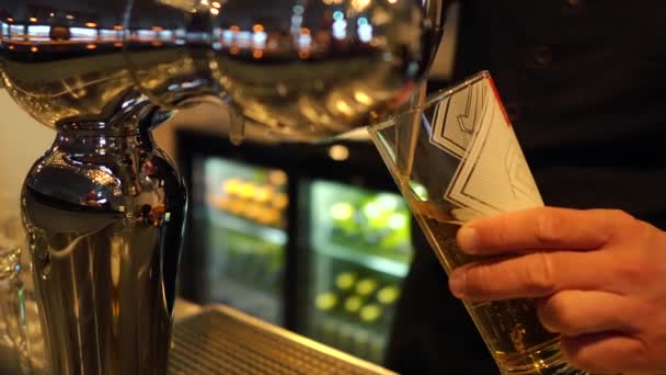 Gros plan d'un verre de bière versé dans un bar — Video