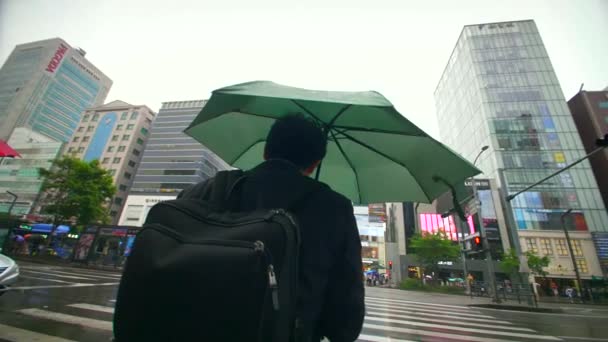 一个在斑马线上等待雨伞的男子的慢动作轨道拍摄 — 图库视频影像