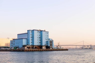 Tokyo'daki sumida nehir bakış açısı mavi kule ve Gökkuşağı Köprüsü