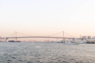 Tokyo 'daki Sumida Nehri' nde büyük bir tekne ve gökkuşağı köprüsü.