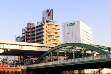 Japonya - 21 Nisan 2018 Sumida Nehri manzaralı yeşil köprü Tokyo