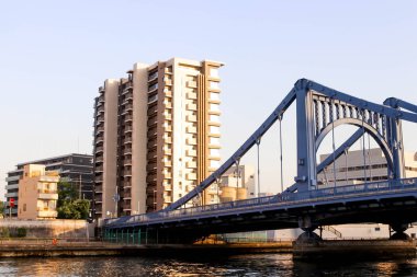 Sumida Nehri bakış açısı ve büyük köprüde şehir manzarası manzarası, Japonya