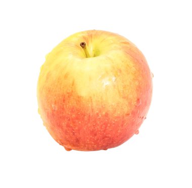 Beyaz arka planda tek elma ve su damlası yakın çekim