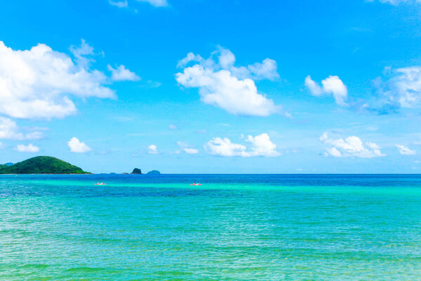 Close up of boat in sea with blue sky and white cloud in thailand