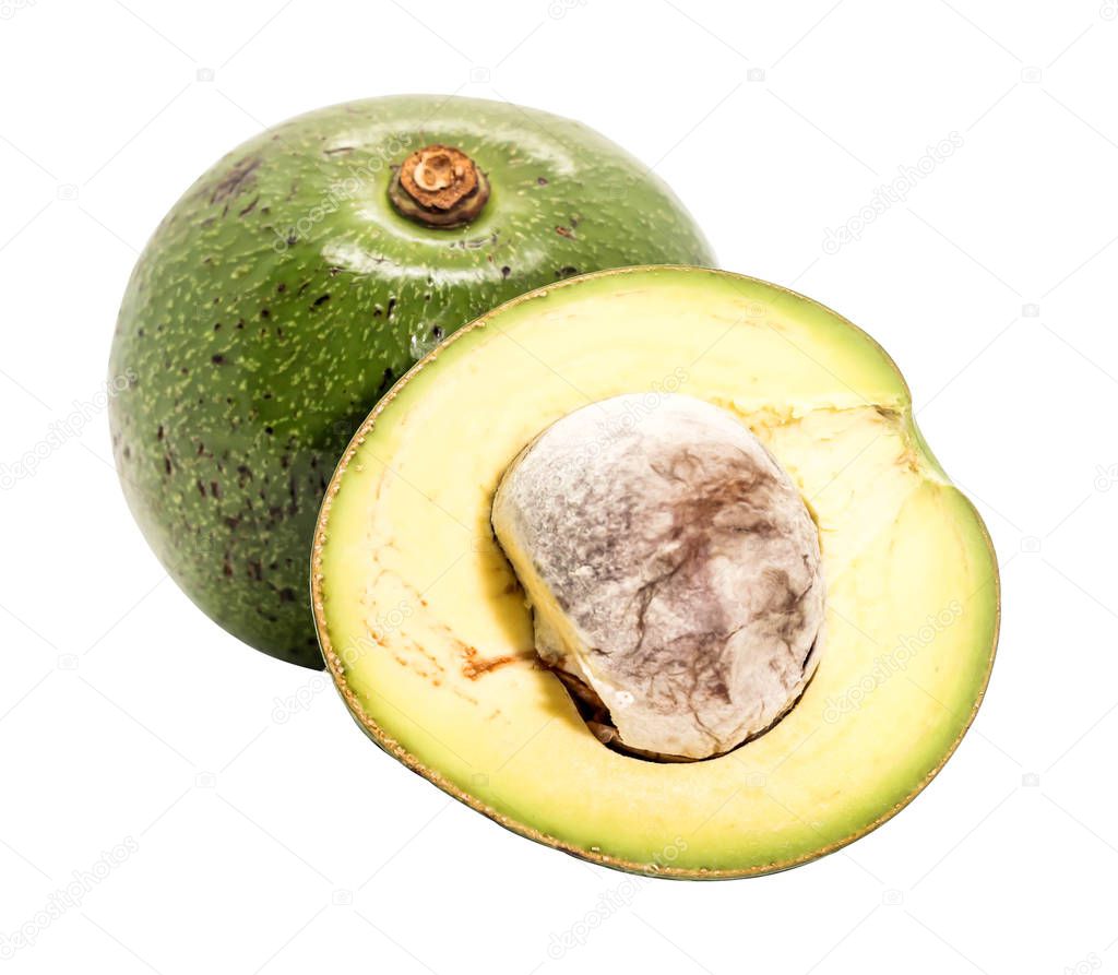Closeup one and half  of green thai avocado on white background