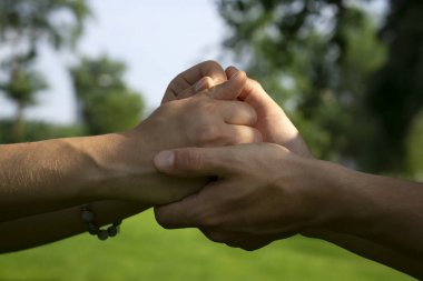 Bir çift erkek eli, bulanık bir arka plana sahip bir parkta yeşil çimenler, ağaçlar ve gökyüzü nün arka planına karşı bir çift kadın elini elinde tutuyor..