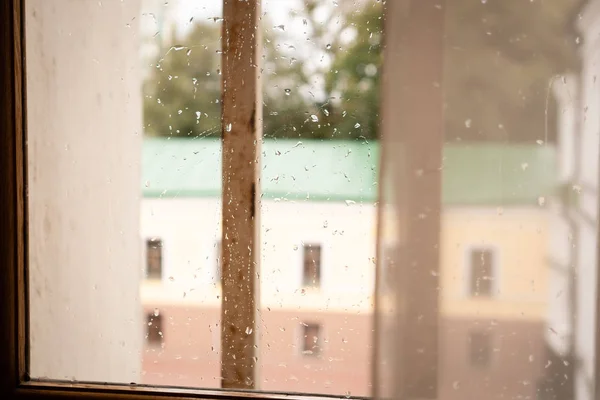 Janela Com Gotas Chuva Lado Fora Janela Você Pode Ver — Fotografia de Stock