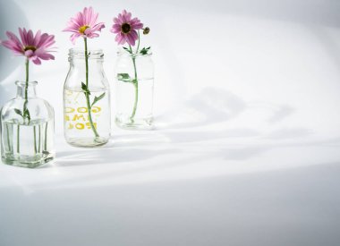 Cam şişelerde çiçekler olan bahar kartı, üç parça halinde duruyor..