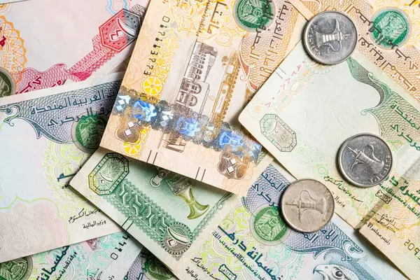 Nahaufnahme Verschiedener Dirham Banknoten Und Münzen Aus Den Vereinigten Arabischen — Stockfoto