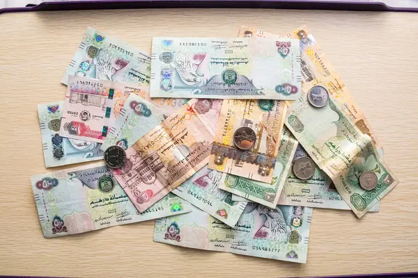 Farklı BAE dirhem banknotları ve bozuk paralar, yüksek açılı beyaz bir masa üzerindeki kağıt para.