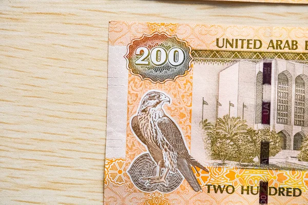 Primer Plano Los Emiratos Árabes Unidos 200 Dirhams Billetes Moneda —  Fotos de Stock