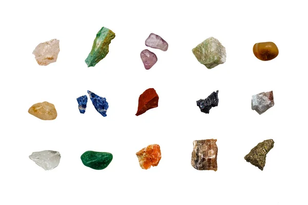 Various Colored Raw Gemstones Fragments White Background — Stock Photo, Image