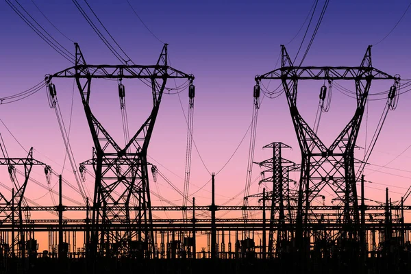 High Voltage Pylons Silhouette Sunset Lighting Clear Sky Background — Stock Photo, Image