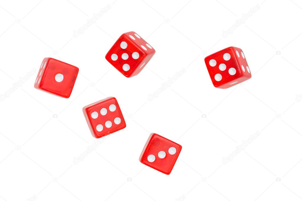 five falling red dices on white background