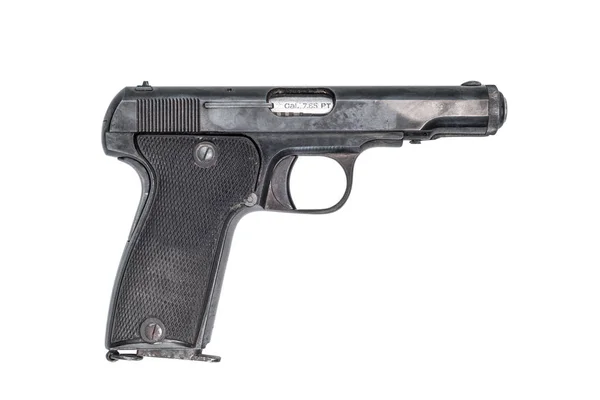 Vista Lateral Velho Calibre Pistola Automática Isolado Sobre Fundo Branco — Fotografia de Stock