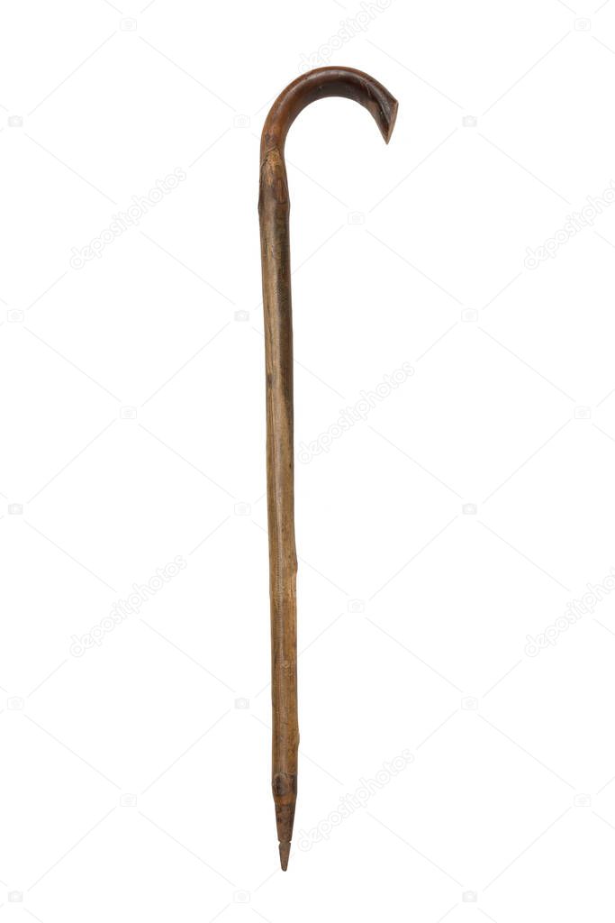 old original wooden and steel walking stick on white background