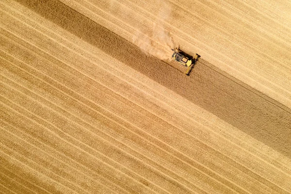 Vista Aérea Uma Ceifeira Moderna Ação Terminando Colheita Campo Trigo — Fotografia de Stock