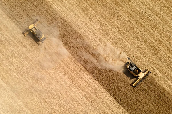 Aerial View Modern Combine Harvester Action Ending Harvesting Wheat Field — Stock Photo, Image