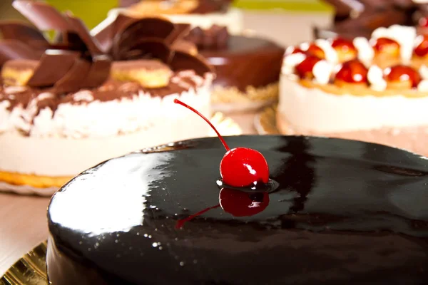 Elegante Torta Cioccolato Con Una Decorazione Secca Ciliegie — Foto Stock