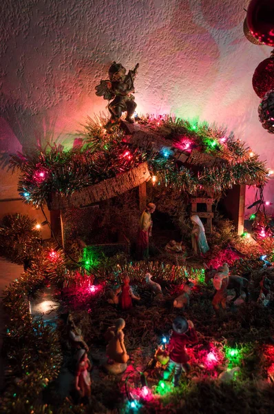 Mangeoire Noël Avec Lumières Maison — Photo