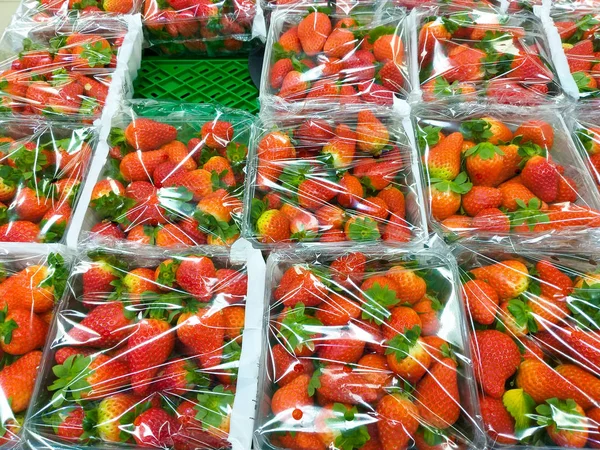 Algunas cajas de plástico llenas de fresas rojas envueltas con plástico transparente en un estante verde en el mercado recién cosechado y listo para ser vendido a algunos clientes —  Fotos de Stock